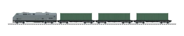 Railway freight wagons, locomotive with cargo container on railroad platform , railway and container transport banner, illustration