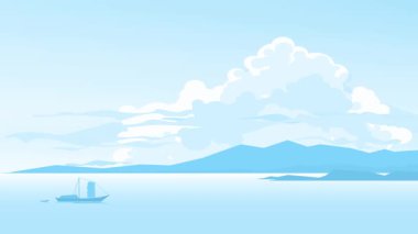 Japon geleneksel yelkenlisini yavaşça sürüyordu. Deniz koyunda arkasında küçük bir tekne vardı. Dağlık kıyı şeridine karşı, mutlak sakin, sabahın erken saatlerinde, mavi tek renkli, arka planda devasa kümülüs bulutları.