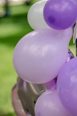 Bir doğum günü partisi için fil, mor, beyaz ve lavanta balonlu arka plan. Bebek partisi. Kutlama vaftiz kavramı. Resim duvarı, dekorlu kemer. Kaliteli fotoğraf