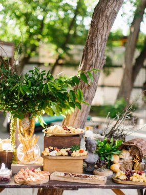 Açık hava partisinde açık büfe dekore edilmiş. Aperatiflerle ziyafet: peynir dilimleri, jambon, zamon, üzüm, ekmek çubukları, taze ekmek. Laurel vazoda dallar, heykeller..