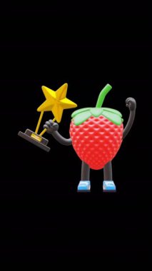 3D Çilek Karakteri Ödül ve Başarı Konsepti Yıldız Ödülünü Tutuyor.
