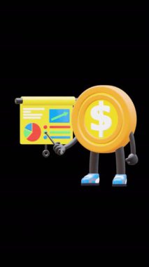 3 Boyutlu Para Para Karakteri İş ve Eğitim Büyüme Çizelgesinde Sunum Yapıyor.