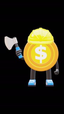 İnşaat ve Oduncu Temaları için 3 Boyutlu Para Bozukluğu Karakteri Axe Tutuyor.