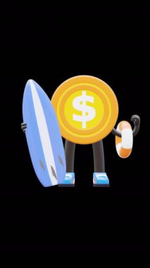 3 Boyutlu Para Sörf Tahtası ve Yaz ve Plaj Tatil Konsepti İçin Yaşam Şamandırası Tutma Karakteri.