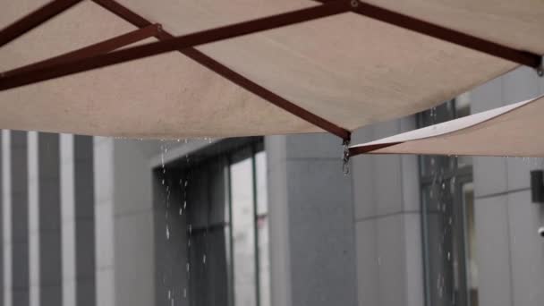 夏のテラスの屋根の上に大雨が降ります 夏は雨が多い 雨のクローズアップ 雨のムーディーのクローズアップ スローモーション — ストック動画