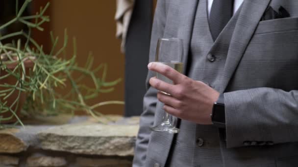 Takım Elbiseli Bir Adam Elinde Şampanya Kadehiyle Ayakta Duruyor Yakın — Stok video