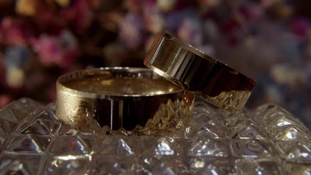 แหวนแต งงานใกล แสงจ าและเปล งประกายบนแหวน แหวนแต งงานทองค าสองวงวางอย บนพ วคร — วีดีโอสต็อก