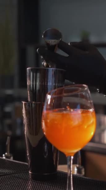 Barman Gebruikt Jigger Ingrediënten Meten Cocktail Maken Giet Vloeistoffen Shaker — Stockvideo