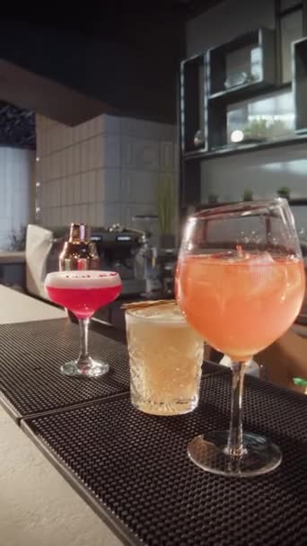 Trois Différents Types Cocktails Mélangés Dans Des Couleurs Vives Différents — Video