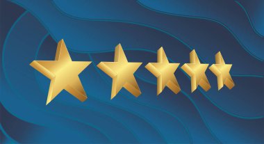 Vector 3d five star illustration design, shiny golden color on blue gradient background