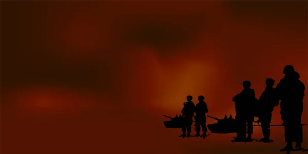 army silhouette background vector illustration design on the battlefield. illustration of soldiers and battle tanks foggy night