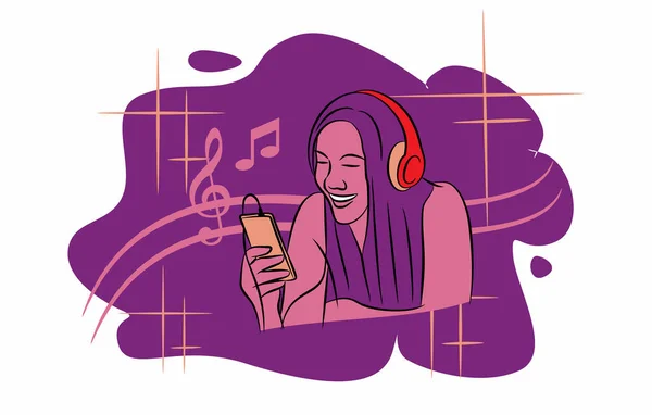 Flat Design Illustration Girl Enjoying Music Headphones Entertainment Vector — Wektor stockowy