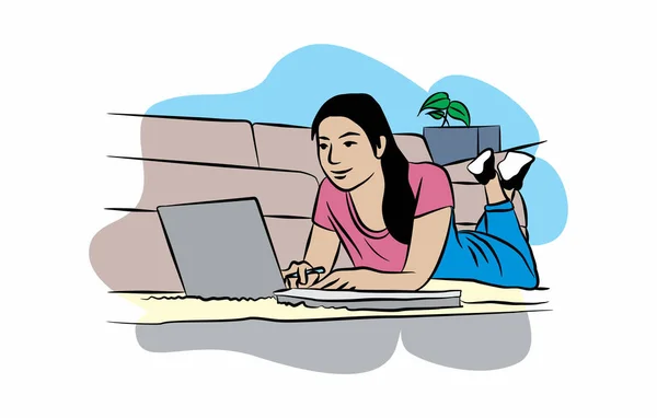 Relaxing Woman Illustration Design Working Home Laptop Accessing Internet Vector — Wektor stockowy