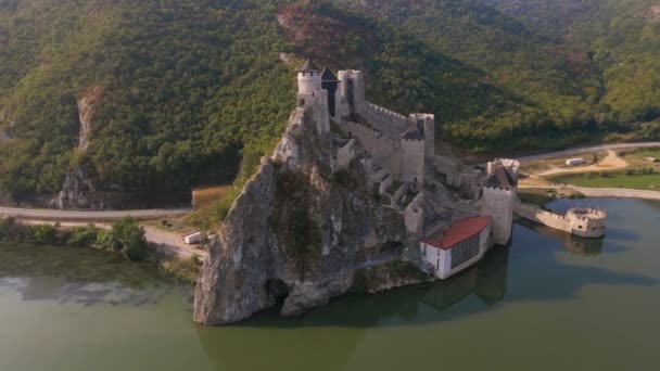 Aerial Video Golubac Medieval Citadel Located Danube River Serbian Bank — стокове відео
