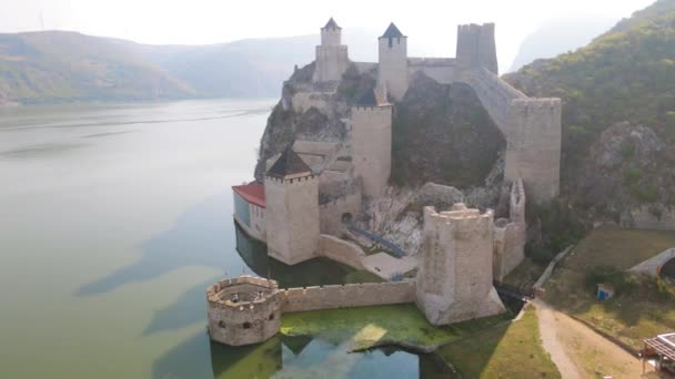 Aerial Video Golubac Medieval Citadel Located Danube River Serbian Bank — стокове відео