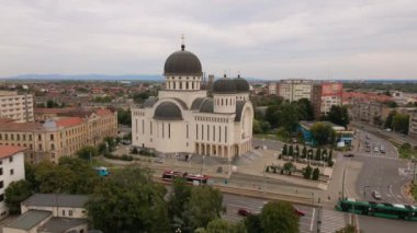 Aerial video of the Orthodox Cathedral in Arad city, Romania. The footage was shot from a drone while flying forward towards the cathedral with camera at level position.