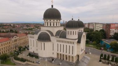 Aerial video of the Orthodox Cathedral in Arad city, Romania. The footage was shot from a drone while flying close to the Cathedrals towers