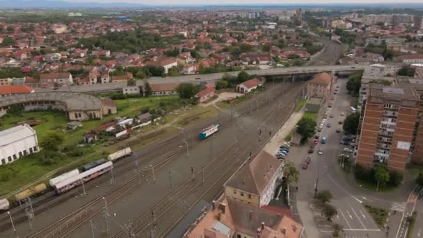 Aerial Footage Industrial Hub Train Tracks Resident Houses Background Video — Stock videók