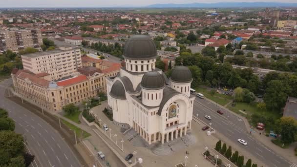 Aerial View Orthodox Cathedral Arad Romania Church Shot Drone While — стоковое видео