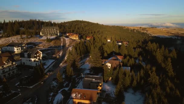 Aerial View Small Resort Top Mountain Winter Season Sunset Video — Video Stock