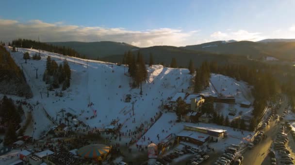 Aerial View Skiing Slope Top Mountain Winter Season Sunset Footage — Wideo stockowe
