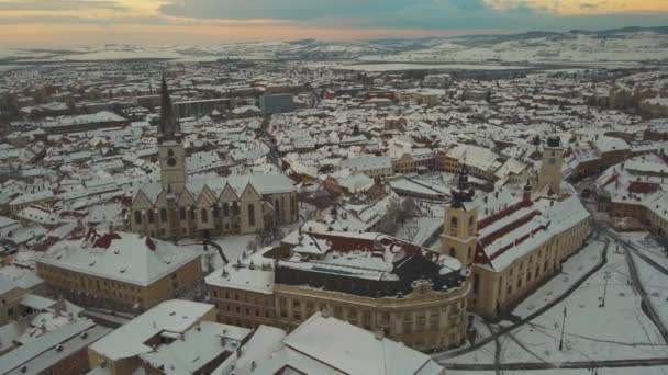 Aerial View Medieval City Center Sibiu Romania Winter Sunset Footage — 图库视频影像