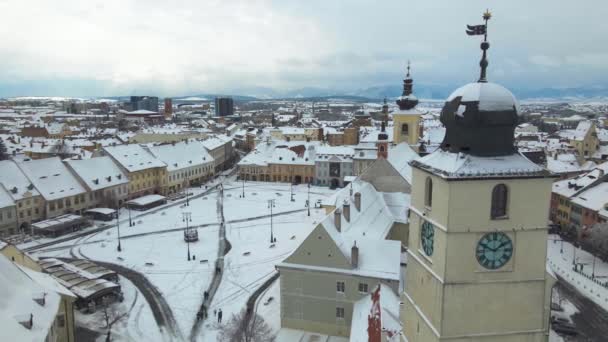 Vue Aérienne Centre Ville Médiéval Sibiu Roumanie Hiver Coucher Soleil — Video