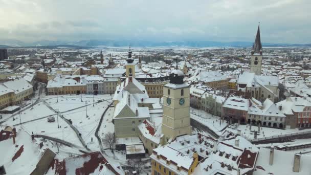 Légi Kilátás Középkori Város Központjában Nagyszeben Románia Télen Naplementekor Felvétel — Stock videók