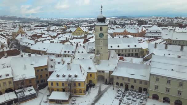 Aerial View Medieval City Center Sibiu Romania Winter Sunset Footage — 图库视频影像