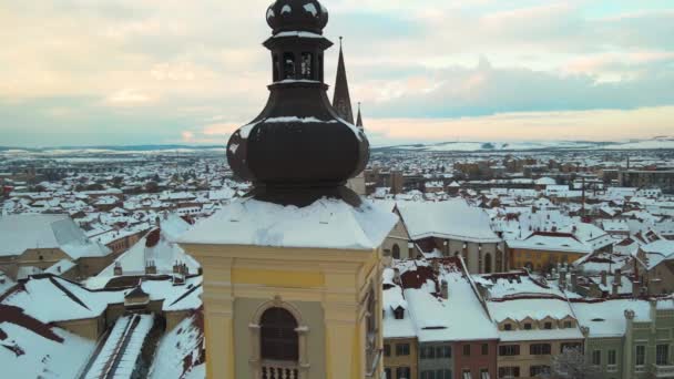 Αεροφωτογραφία Του Μεσαιωνικού Κέντρου Της Πόλης Σίμπιου Ρουμανία Χειμώνα Στο — Αρχείο Βίντεο