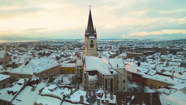 Aerial View Medieval City Center Sibiu Romania Winter Sunset Footage — Vídeos de Stock