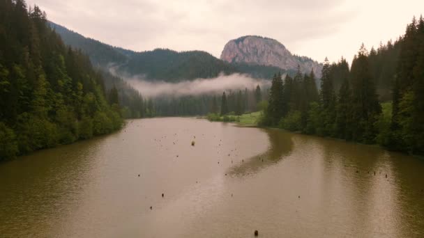 罗马尼亚红湖的镜头是由无人驾驶飞机拍摄的 同时缓慢地向前飞行 并从湖面上方的低空拍摄 相机在水平位置上拍摄风景 — 图库视频影像