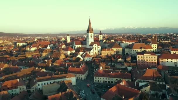 Nagranie Katedry Ewangelickiej Sibiu Rumunia Nagranie Zostało Nakręcone Drona Zachodzie — Wideo stockowe