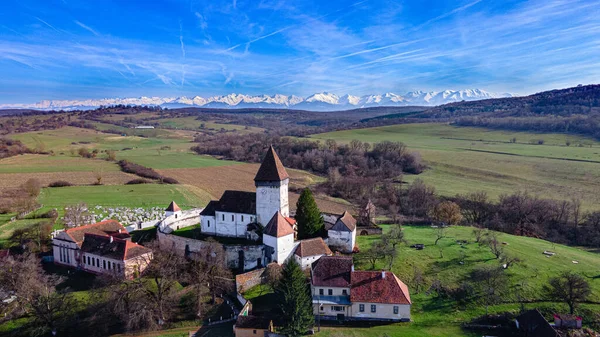 Luchtfotografie Van Versterkte Kerk Hosman Provincie Sibiu Roemenië Fotografie Werd — Stockfoto