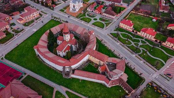 stock image Aerial view of Prejmer fortified Church, located in Brasov county, Romania. Photography was shot from a drone with camera lowered for a top view of the fortification.
