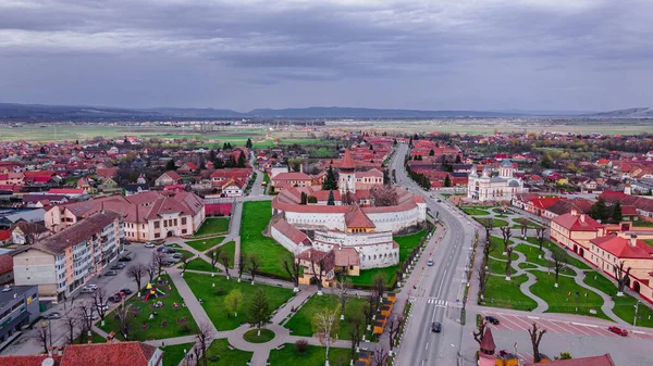 stock image Aerial view of Prejmer fortified Church, located in Brasov county, Romania. Photography was shot from a drone at a lower altitude and camera level for a landscape photography.