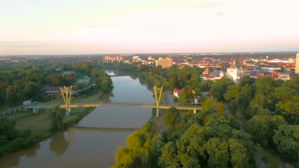 アラドの街の中心にある ミュージアム川の上空の映像です ビデオは午前中に無人機から撮影され 橋の上を飛んでいました — ストック動画