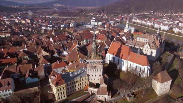 Vista Panoramica Sulla Città Sighisoara Riprese Aeree Della Città Medievale — Video Stock