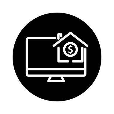 Ev ve dolarla ekran glifini görüntüle. Ev simgesi almak için uygun. Gayrimenkulle ilgili bir ikon. Basit vektör tasarımı düzenlenebilir. Piksel 32 x 32 'de mükemmel