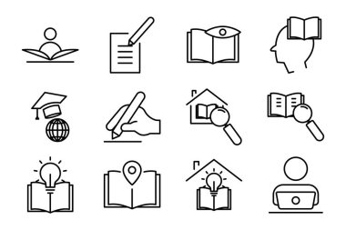 Kütüphane ve eğitimle ilgili simge seti. çizgi simgesi tarzı. Basit vektör tasarımı düzenlenebilir.