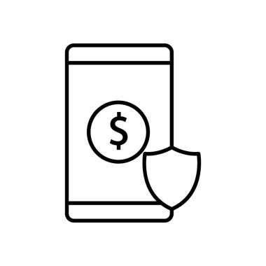 Dolar ve kalkanlı cep telefonu ikonu çizimi. Sigorta sembolü. Satır simgesi tarzı. Uygulamalar, web siteleri, mobil uygulamalar için uygun. Finansla ilgili bir ikon. Basit vektör tasarımı düzenlenebilir