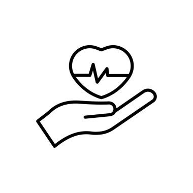 Kalpli el resmi çizimi. Nabız simgesi için uygun. Satır simgesi tarzı. Fitness ile ilgili bir ikon. Basit vektör tasarımı düzenlenebilir