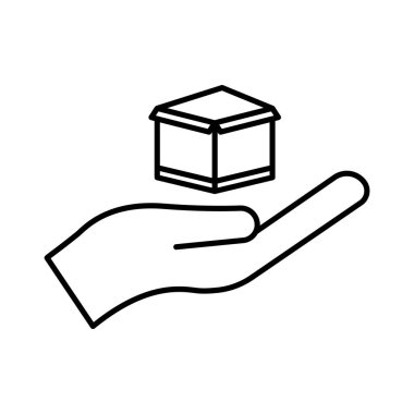 Kargo kutulu el resmi. Sipariş güvenlik simgesi için uygun. Lojistikle ilgili ikon, teslimat. Satır simgesi tarzı. Basit vektör tasarımı düzenlenebilir