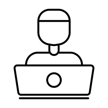 Dizüstü bilgisayarın önünde ikon çizimi. Programcı simgesi. Geliştiriciyle ilgili simge. Satır simgesi tarzı. Uygulamalar, web siteleri, mobil uygulamalar için uygun. Basit vektör tasarımı düzenlenebilir