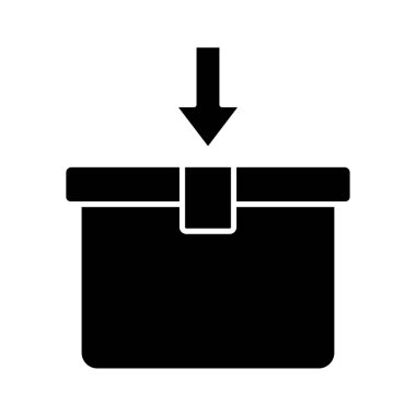 Aşağı ok ile kargo kutusu simgesi çizimi. Burada simge açmak için uygun. Lojistikle ilgili ikon, teslimat. Kabartma simge stili. Basit vektör tasarımı düzenlenebilir