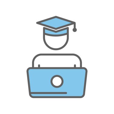 Bilgisayar laptoplu öğrenci simgesi çizimi. Online mezuniyet için uygun. Eğitimle ilgili bir ikon. İki ton ikonu tarzı. Basit vektör tasarımı düzenlenebilir