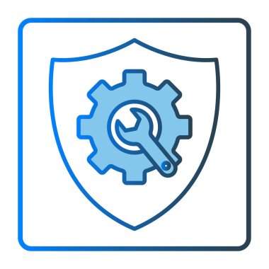 Kalkan simgesi çizimi, vites ve anahtar. Araç ile ilgili simge. İki ton simgesi tarzı, çizgisel renk. Basit vektör tasarımı düzenlenebilir