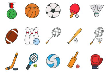 Sport set simgesi illüstrasyonu. Çizgisel renk simgesi tarzı, iki ton. Futbol, basketbol, voleybol, masa tenisi, Amerikan futbolu, bowling, tenis, beyzbol ve diğerleri. Basit vektör tasarımı düzenlenebilir