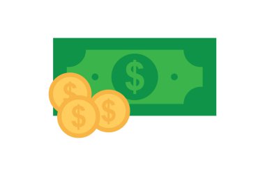 Para ikonu illüstrasyonu. Dolar banknot ve bozukluklar. İşle ilgili bir ikon. Düz simge tarzı. Basit vektör tasarımı düzenlenebilir