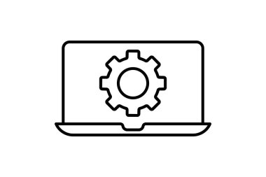 Mühendislik ikonu çizimi. Dişli dizüstü bilgisayar. Endüstriyle ilgili bir ikon. Satır simgesi tarzı. Basit vektör tasarımı düzenlenebilir